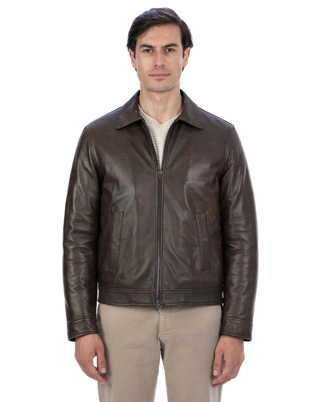 TOMMY Giacca Biker da uomo in vera pelle marrone invecchiato con trapunta
