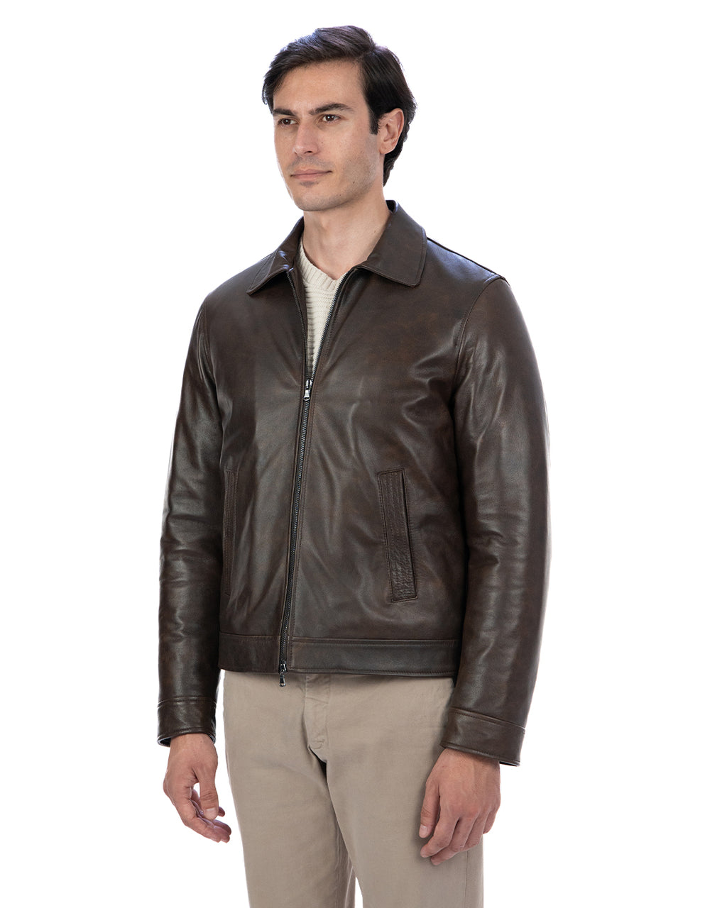 TOMMY Giacca Biker da uomo in vera pelle marrone invecchiato con trapunta