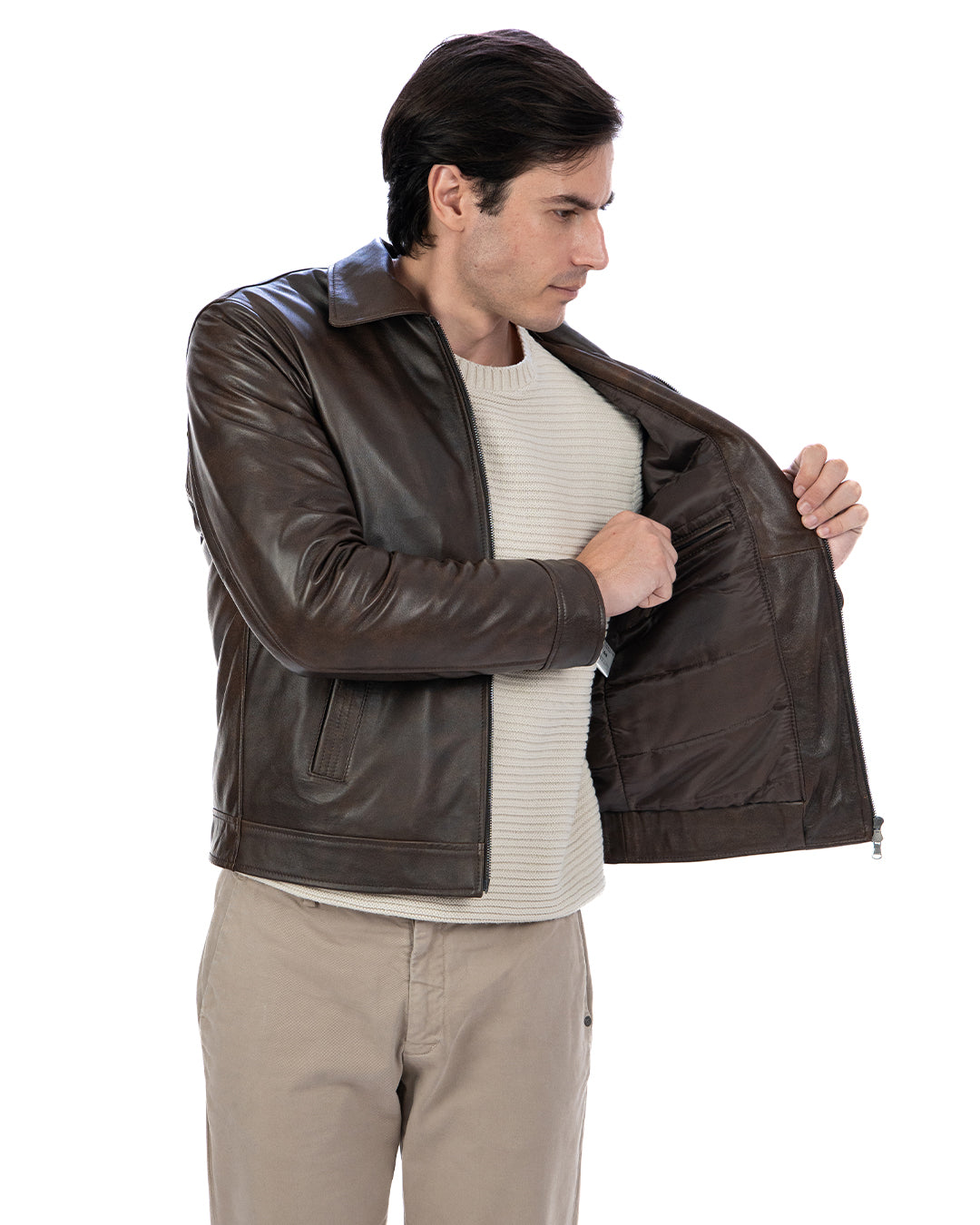 TOMMY Giacca Biker da uomo in vera pelle marrone invecchiato con trapunta