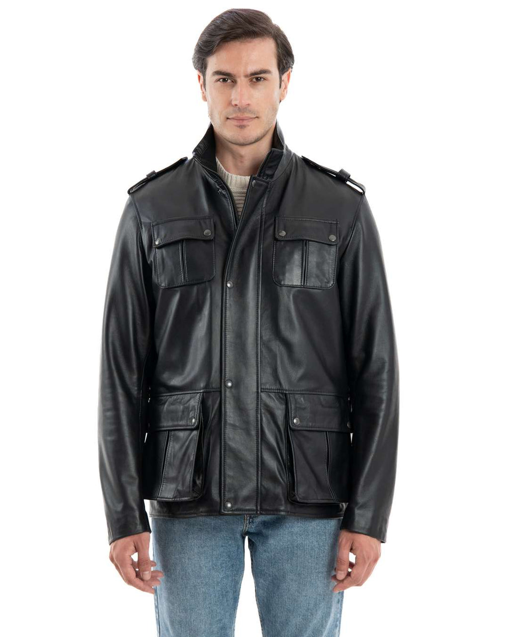 Giacca Sahariana da uomo in vera pelle nero