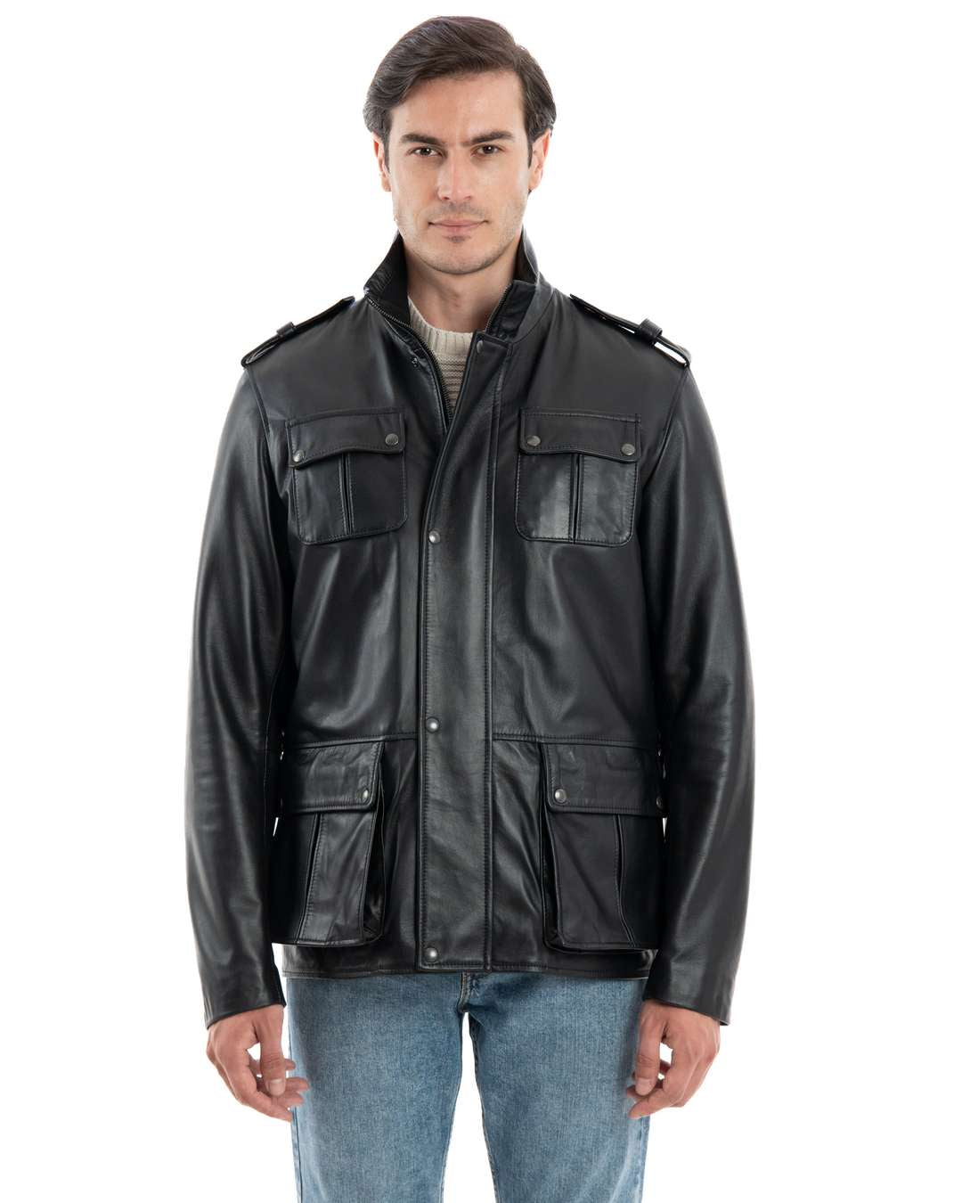 Giacca Sahariana da uomo in vera pelle nero