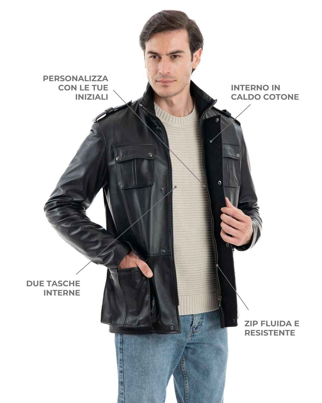 LEONARDO Giacca Sahariana da uomo in vera pelle nero
