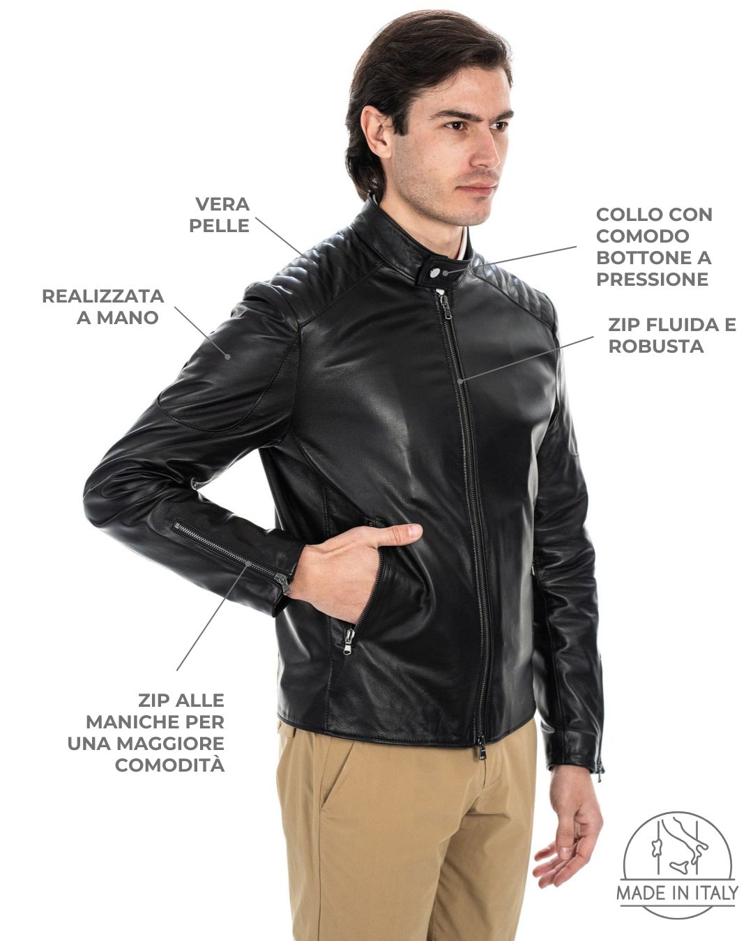 MIKE Giacca Biker da uomo in vera pelle nero
