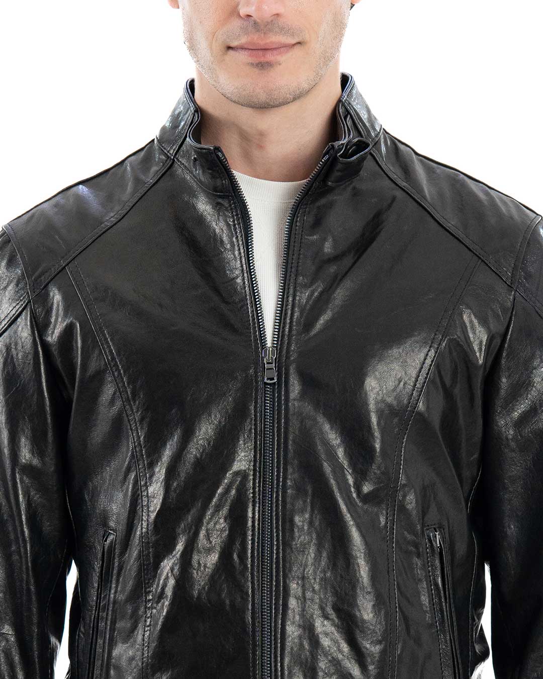 NICOLÒ Giacca Biker da uomo in vera pelle nero effetto lucido