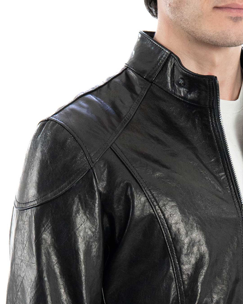 NICOLÒ Giacca Biker da uomo in vera pelle nero effetto lucido