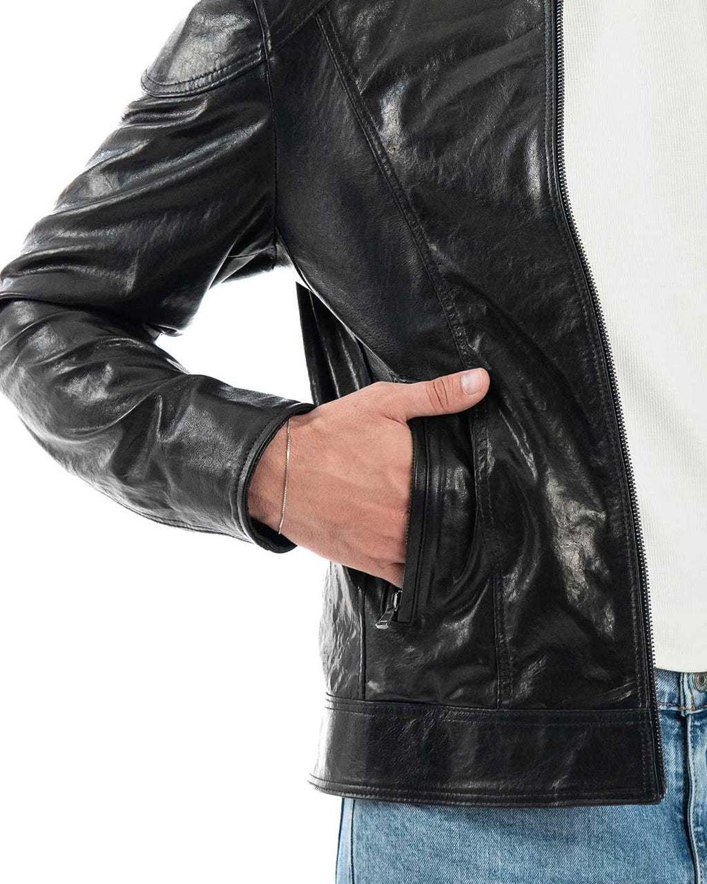 NICOLÒ Giacca Biker da uomo in vera pelle nero effetto lucido