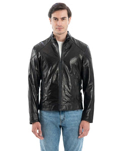 Giacca Biker da uomo in vera pelle nero effetto lucido