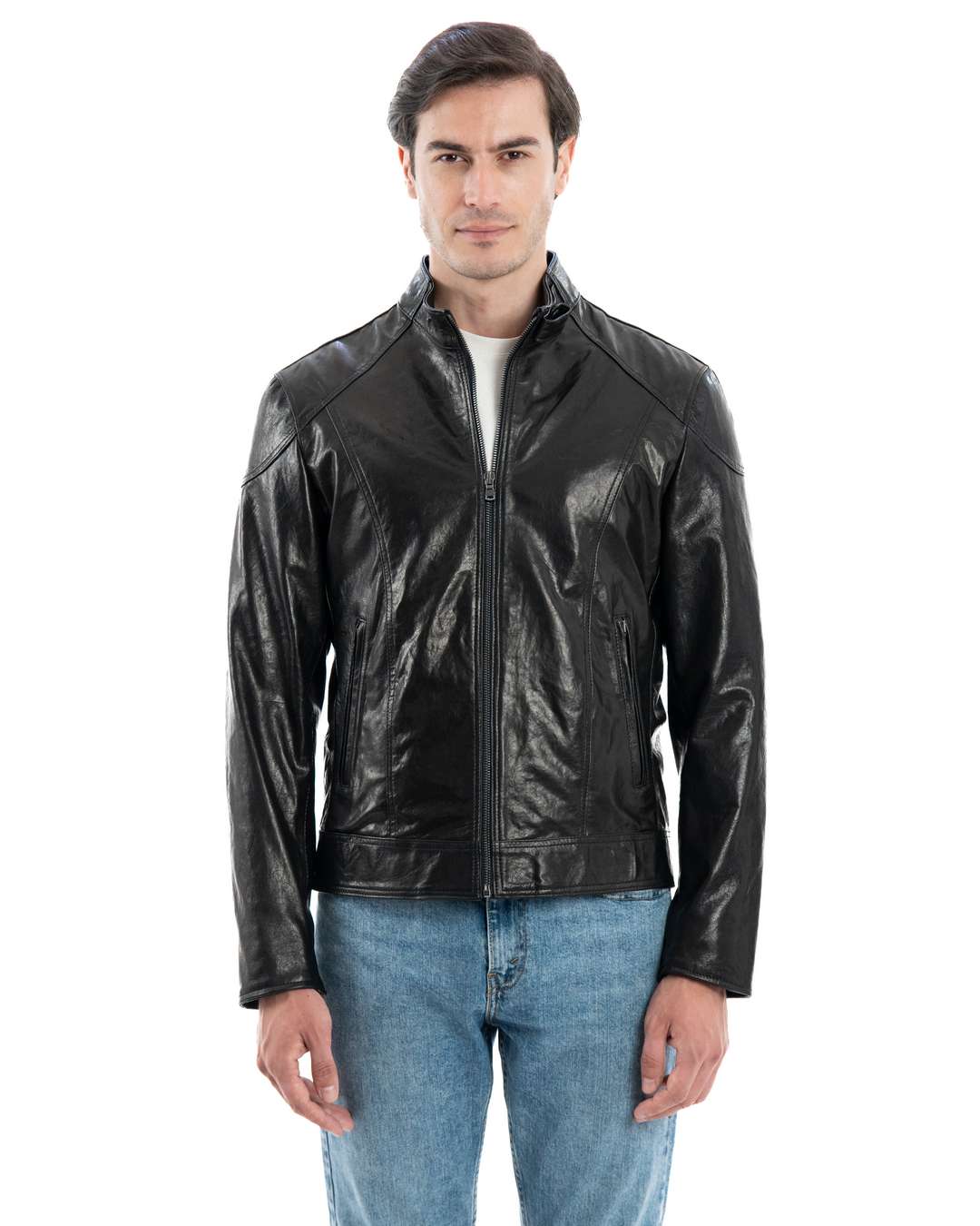 Giacca Biker da uomo in vera pelle nero effetto lucido