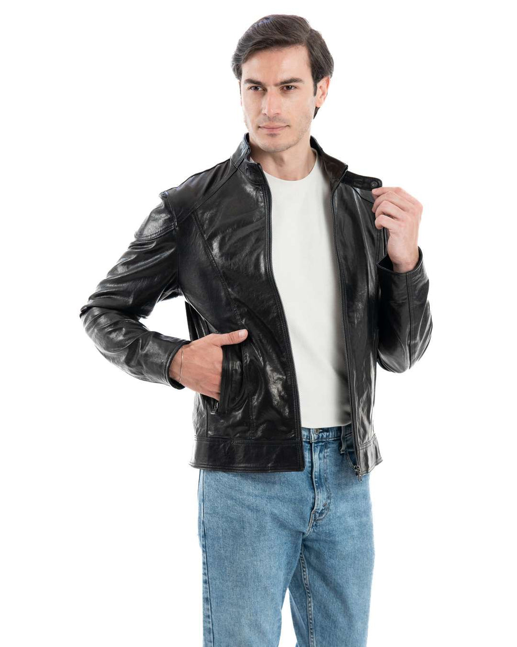 NICOLÒ Giacca Biker da uomo in vera pelle nero effetto lucido