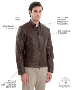 MIKE Giacca Biker da uomo in vera pelle marrone effetto tamponato