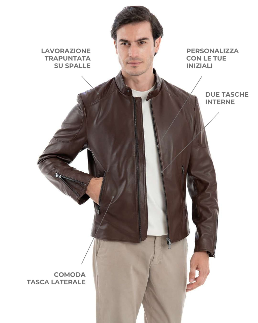 MIKE Giacca Biker da uomo in vera pelle marrone effetto tamponato