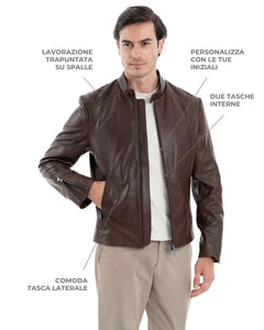 MIKE Giacca Biker da uomo in vera pelle marrone effetto tamponato
