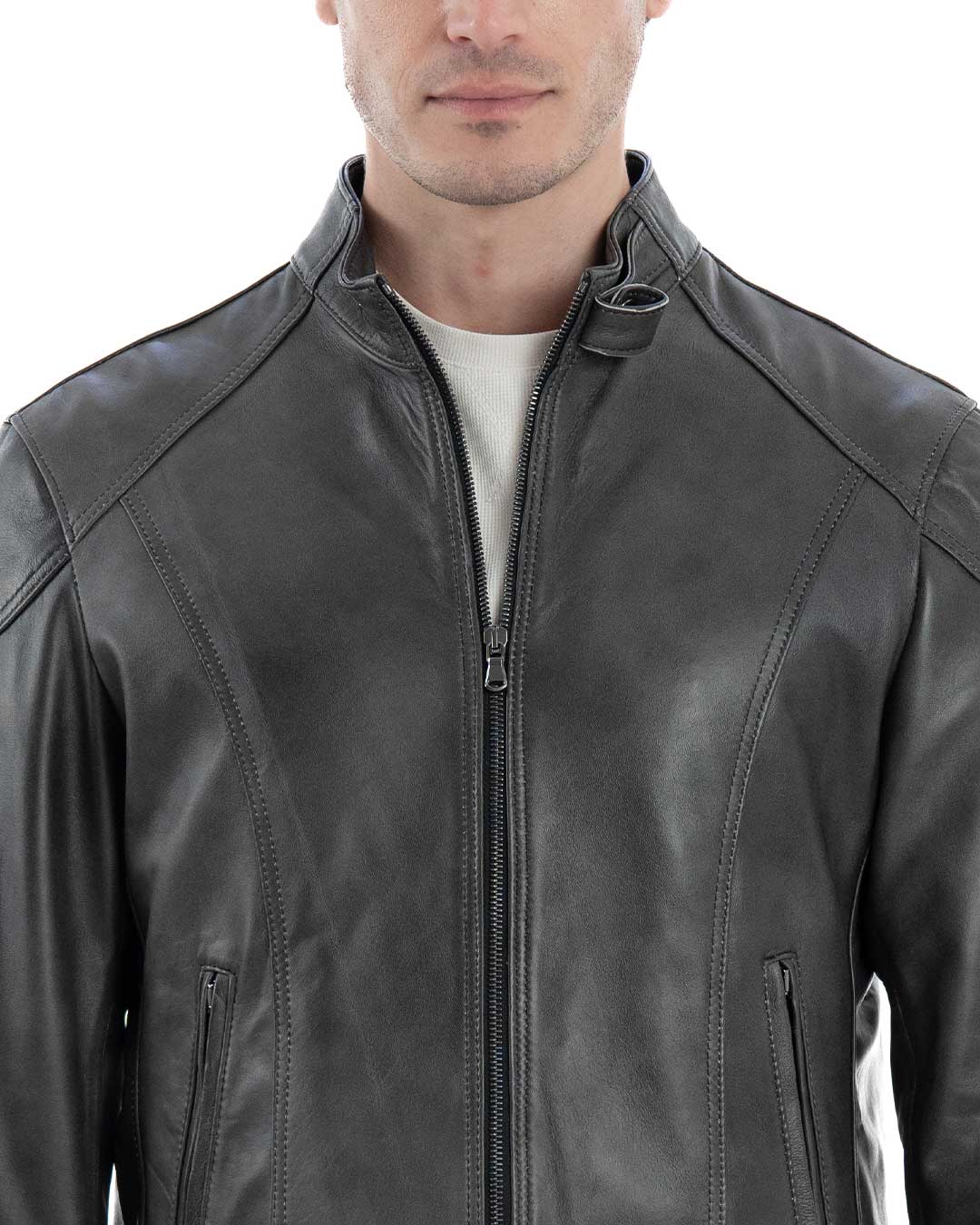 NICOLÒ Giacca Biker da uomo in vera pelle grigio effetto tamponato