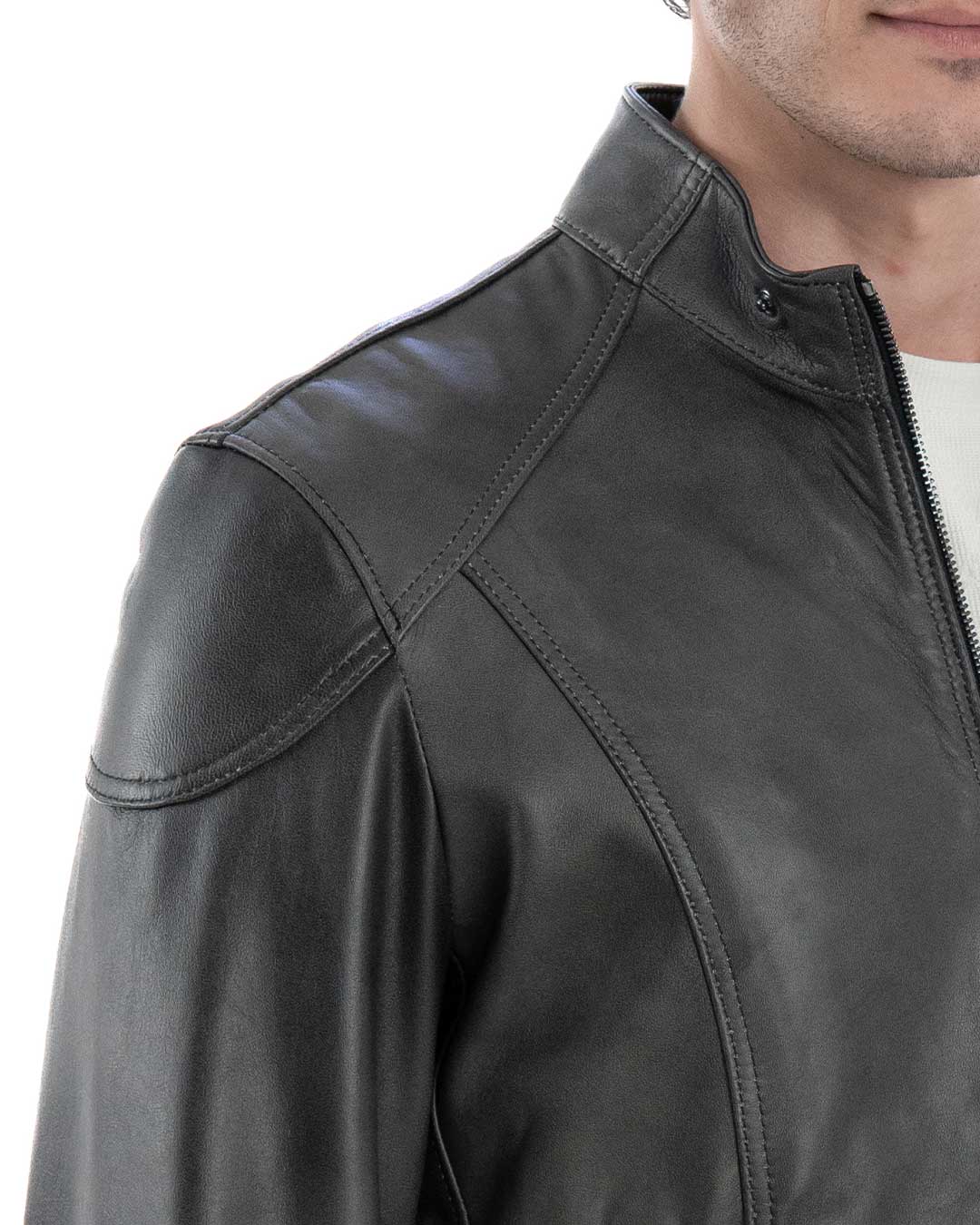 NICOLÒ Giacca Biker da uomo in vera pelle grigio effetto tamponato