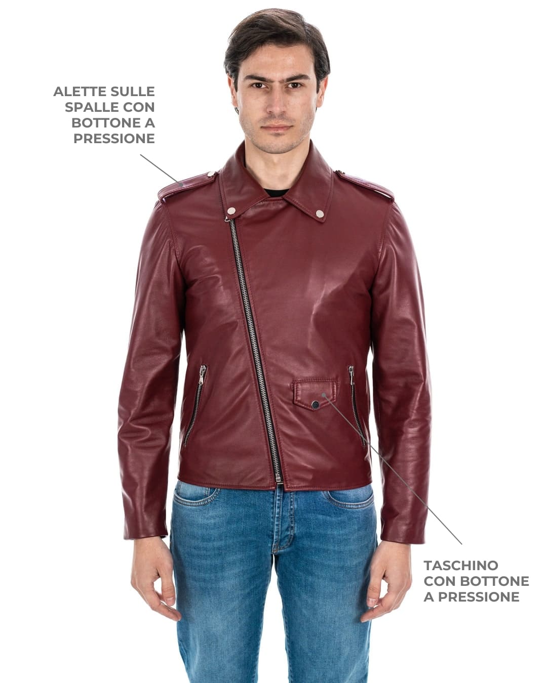 BRIAN Giacca Chiodo da uomo in vera pelle bordeaux