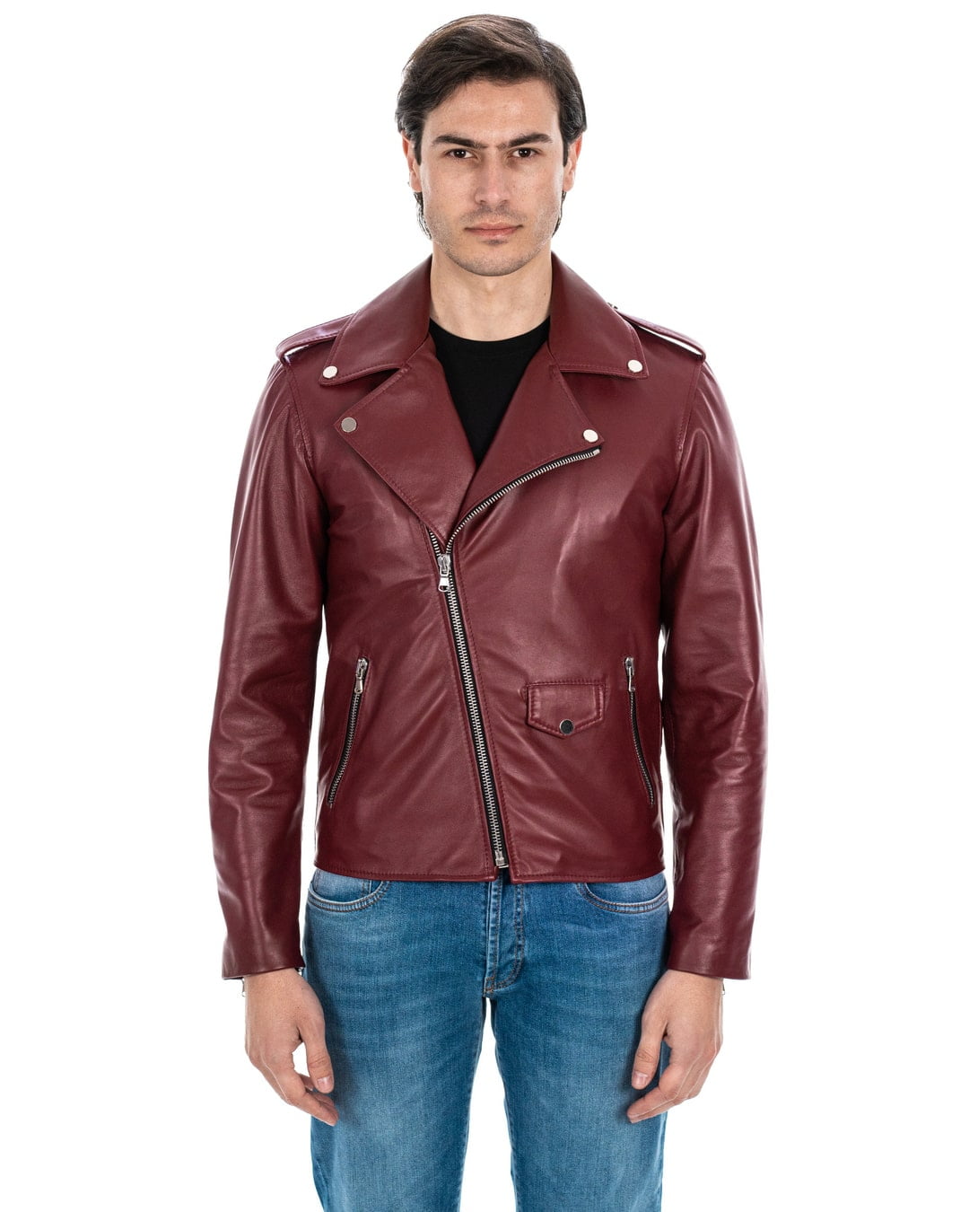 Giacca Chiodo da uomo in vera pelle bordeaux