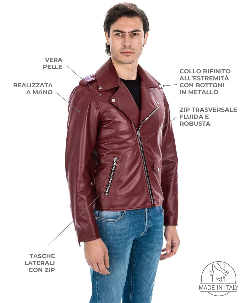 BRIAN Giacca Chiodo da uomo in vera pelle bordeaux