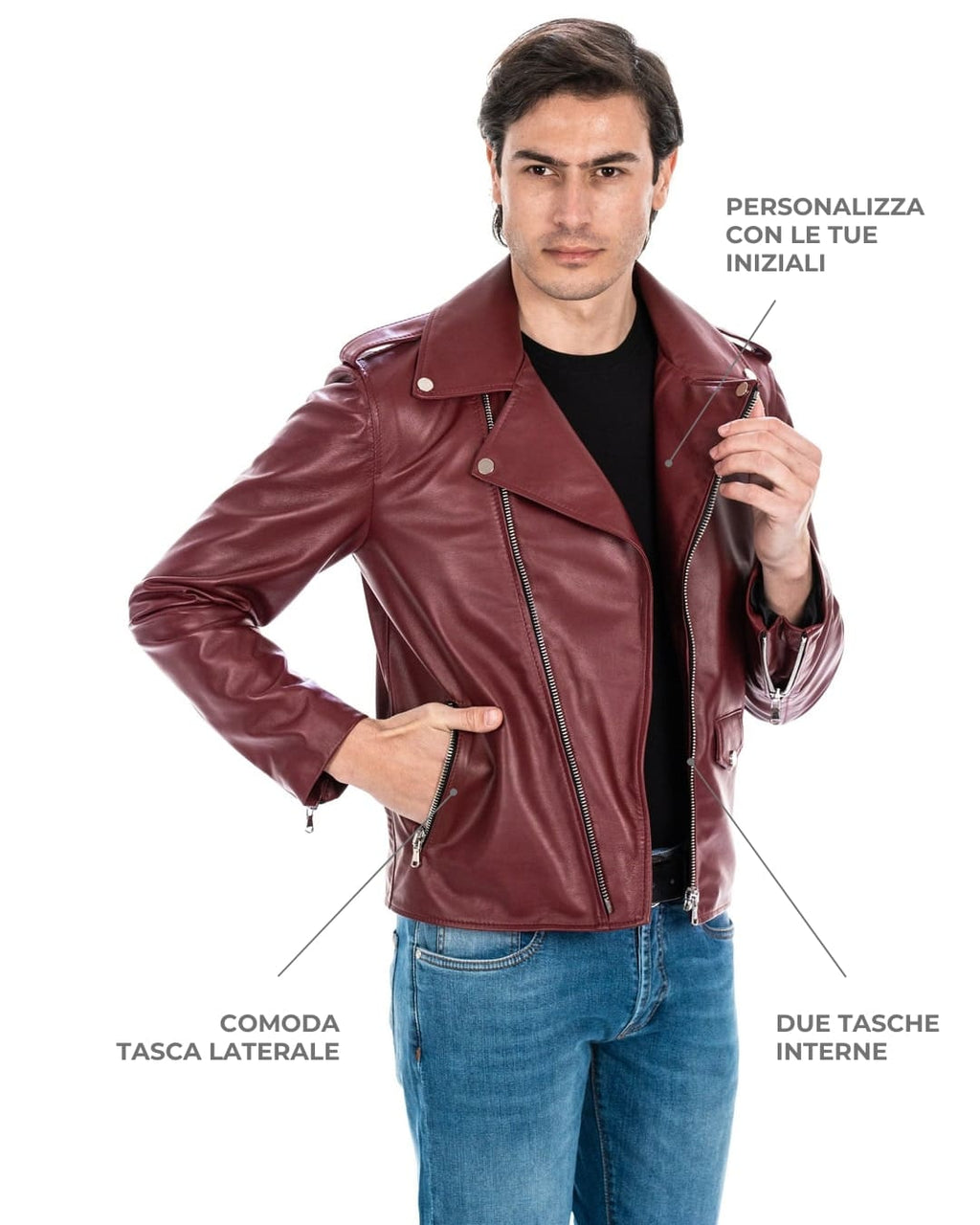 BRIAN Giacca Chiodo da uomo in vera pelle bordeaux