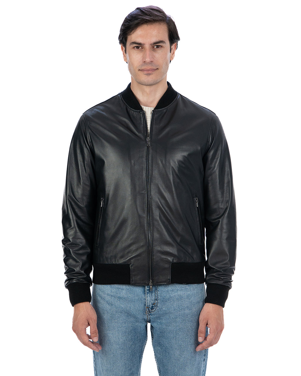 STEVE Bomber College da uomo in vera pelle nero
