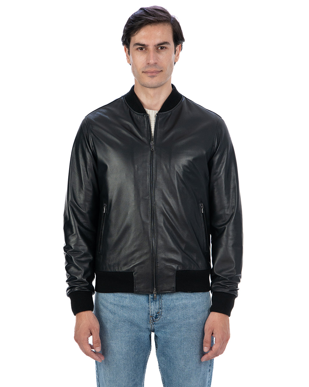 STEVE Bomber College da uomo in vera pelle nero