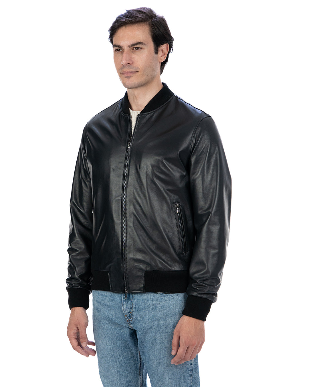 STEVE Bomber College da uomo in vera pelle nero