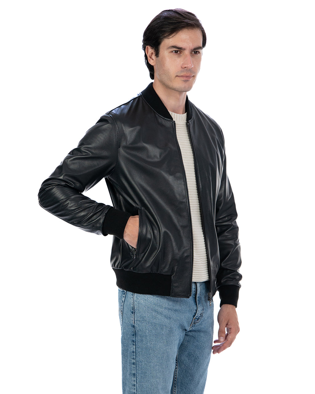 STEVE Bomber College da uomo in vera pelle nero