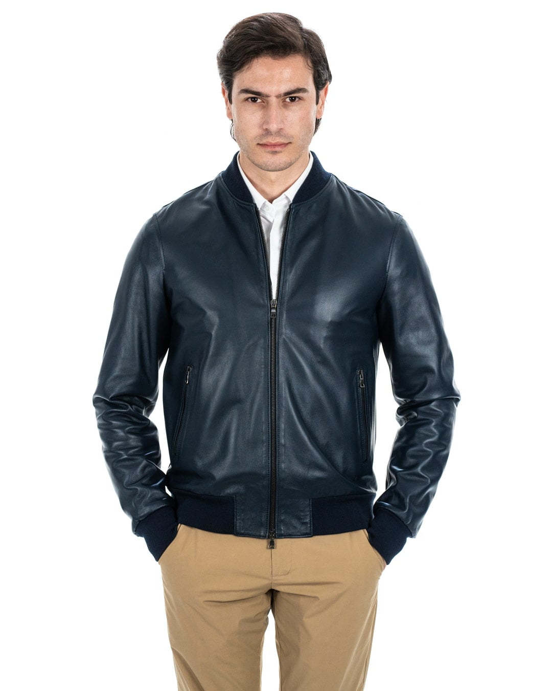 Bomber College da uomo in vera pelle blu