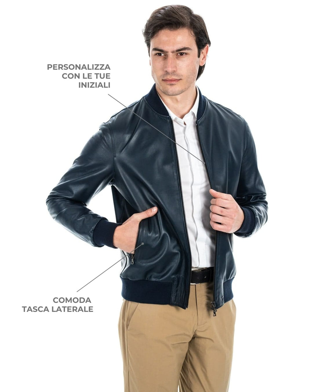 STEVE Bomber College da uomo in vera pelle blu