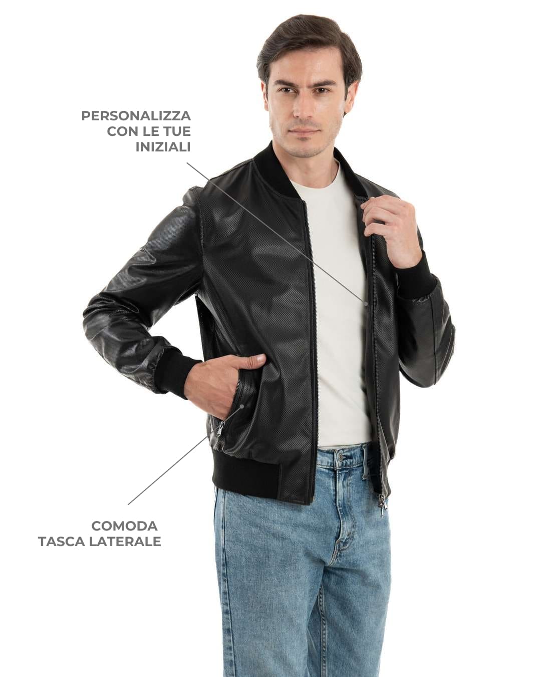 STEVE Bomber College da uomo in vera pelle traforata nero
