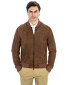 STEVE - Cazadora bomber universitaria para hombre en piel de ante auténtica color cuero