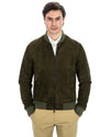 STEVE - Cazadora bomber universitaria para hombre en piel vuelta auténtica verde
