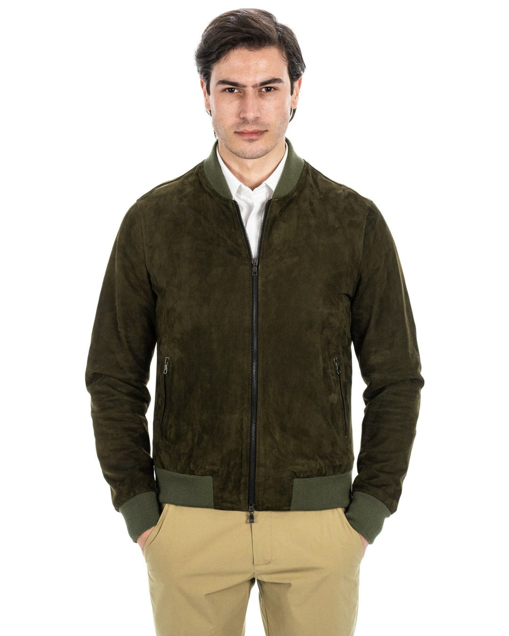 Bomber College da uomo in vera pelle scamosciata verde