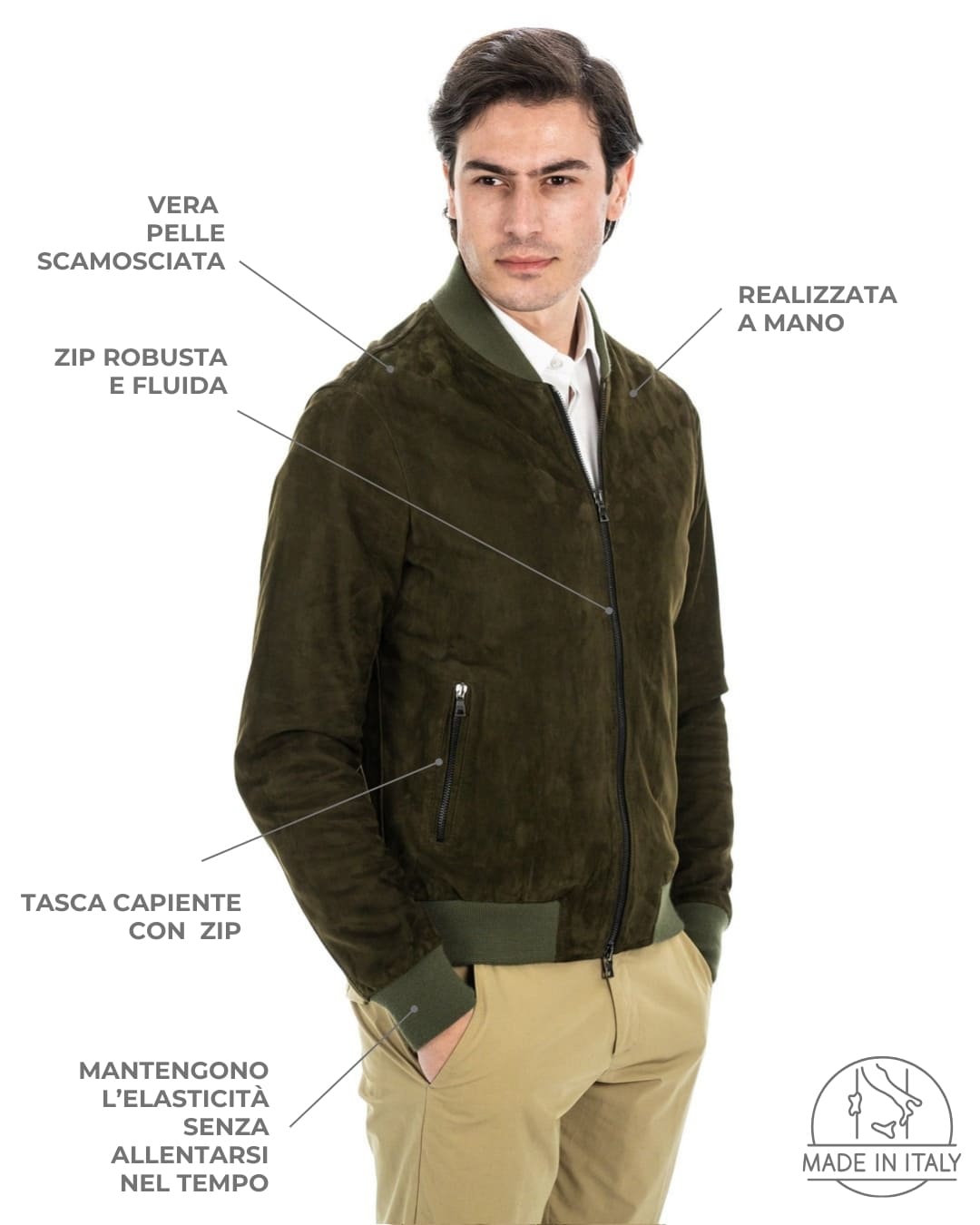 STEVE Bomber College da uomo in vera pelle scamosciata verde