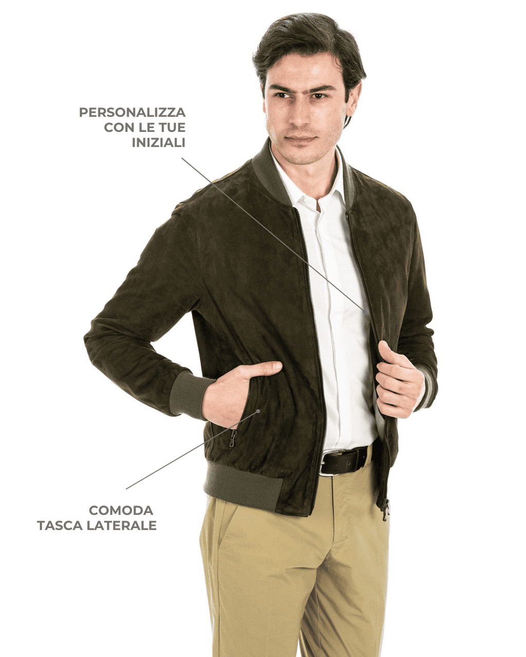 STEVE Bomber College da uomo in vera pelle scamosciata verde