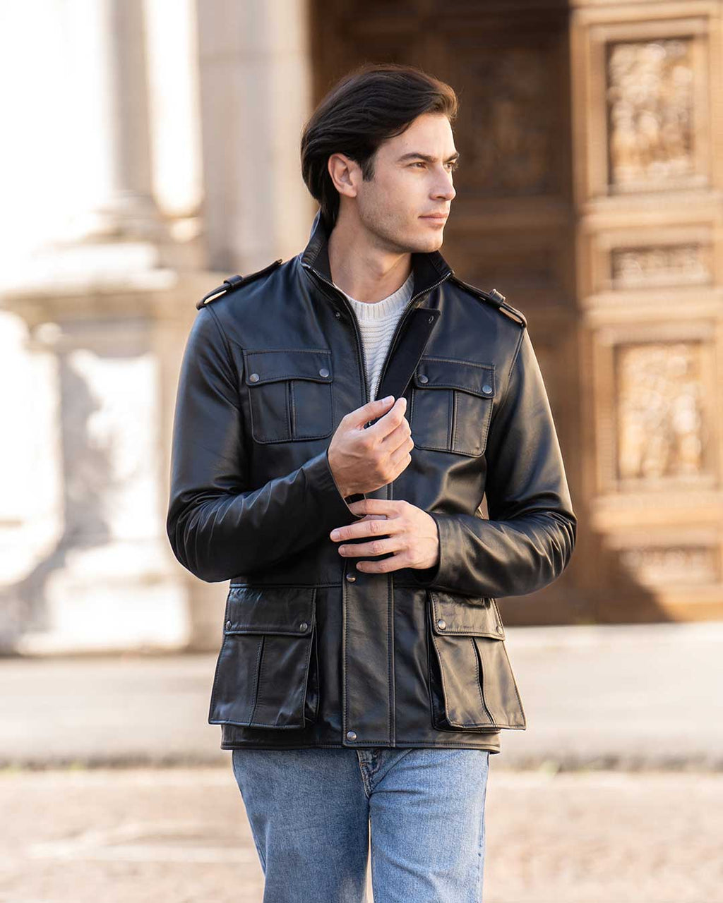 LEONARDO Giacca Sahariana da uomo in vera pelle nero