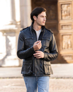 LEONARDO Giacca Sahariana da uomo in vera pelle nero