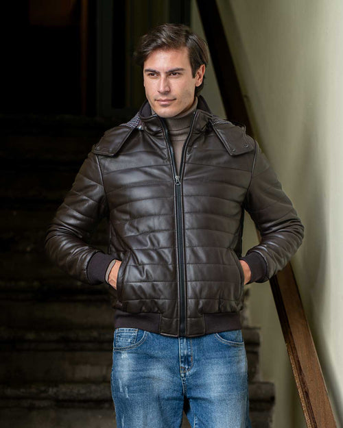 ADAM Piumino con cappuccio da uomo in vera pelle marrone