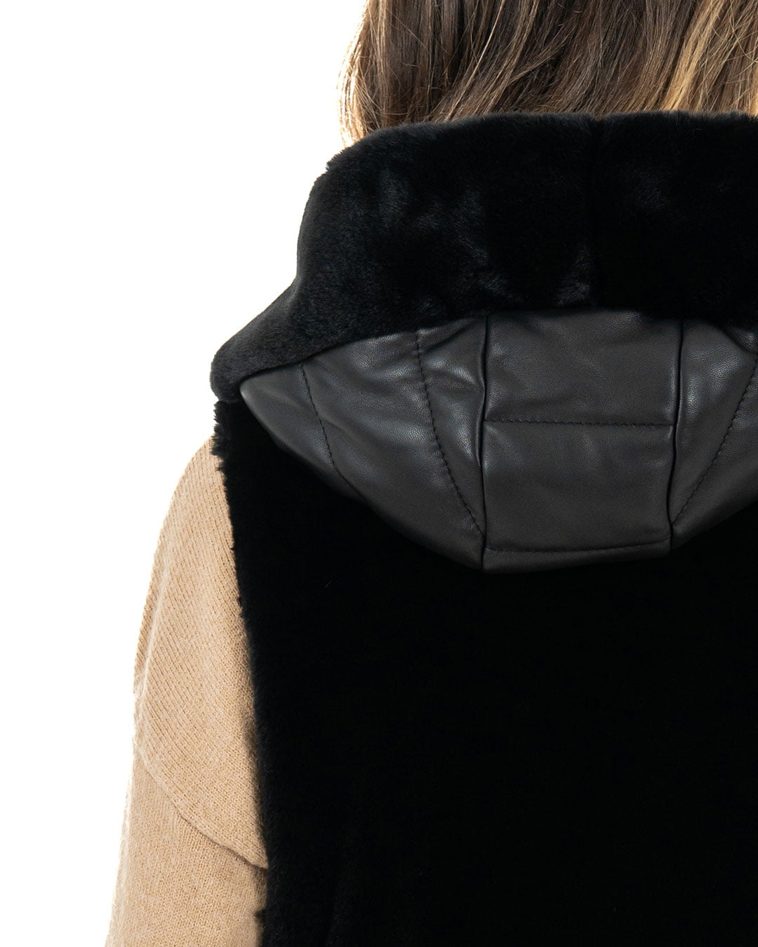 EVA Smanicato da donna in vera pelle nero con pelliccetta