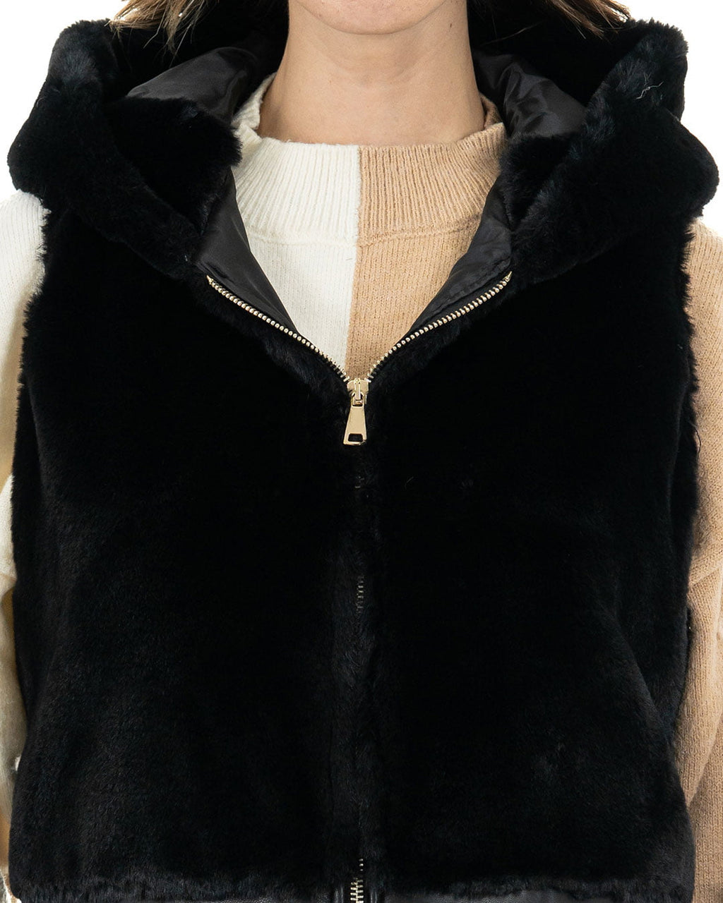 EVA Smanicato da donna in vera pelle nero con pelliccetta