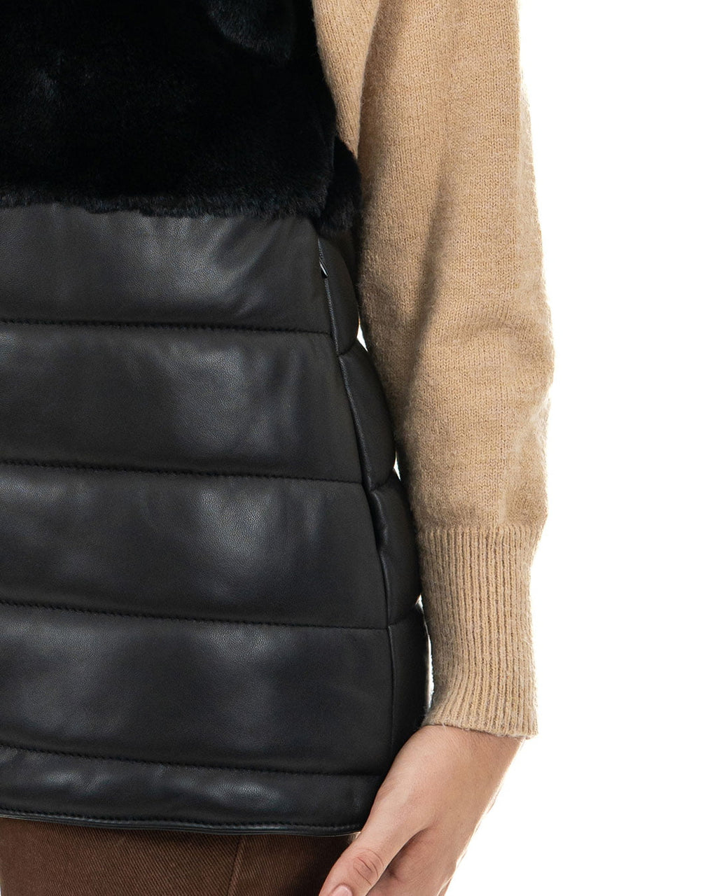 EVA Smanicato da donna in vera pelle nero con pelliccetta