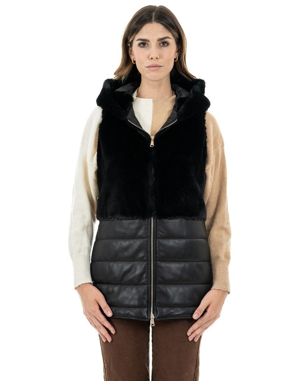 Smanicato da donna in vera pelle nero con pelliccetta