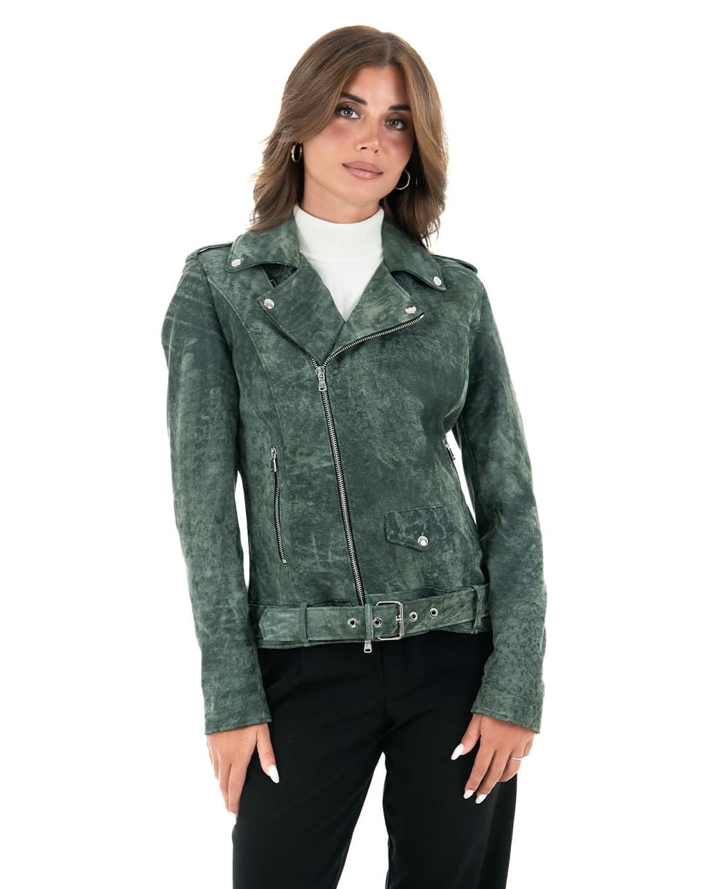 JULIA Giacca Chiodo con cintura da donna in vera pelle verde anticato