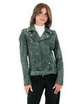 JULIA Giacca Chiodo con cintura da donna in vera pelle verde anticato