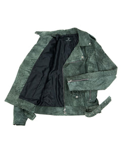 JULIA Giacca Chiodo con cintura da donna in vera pelle verde anticato