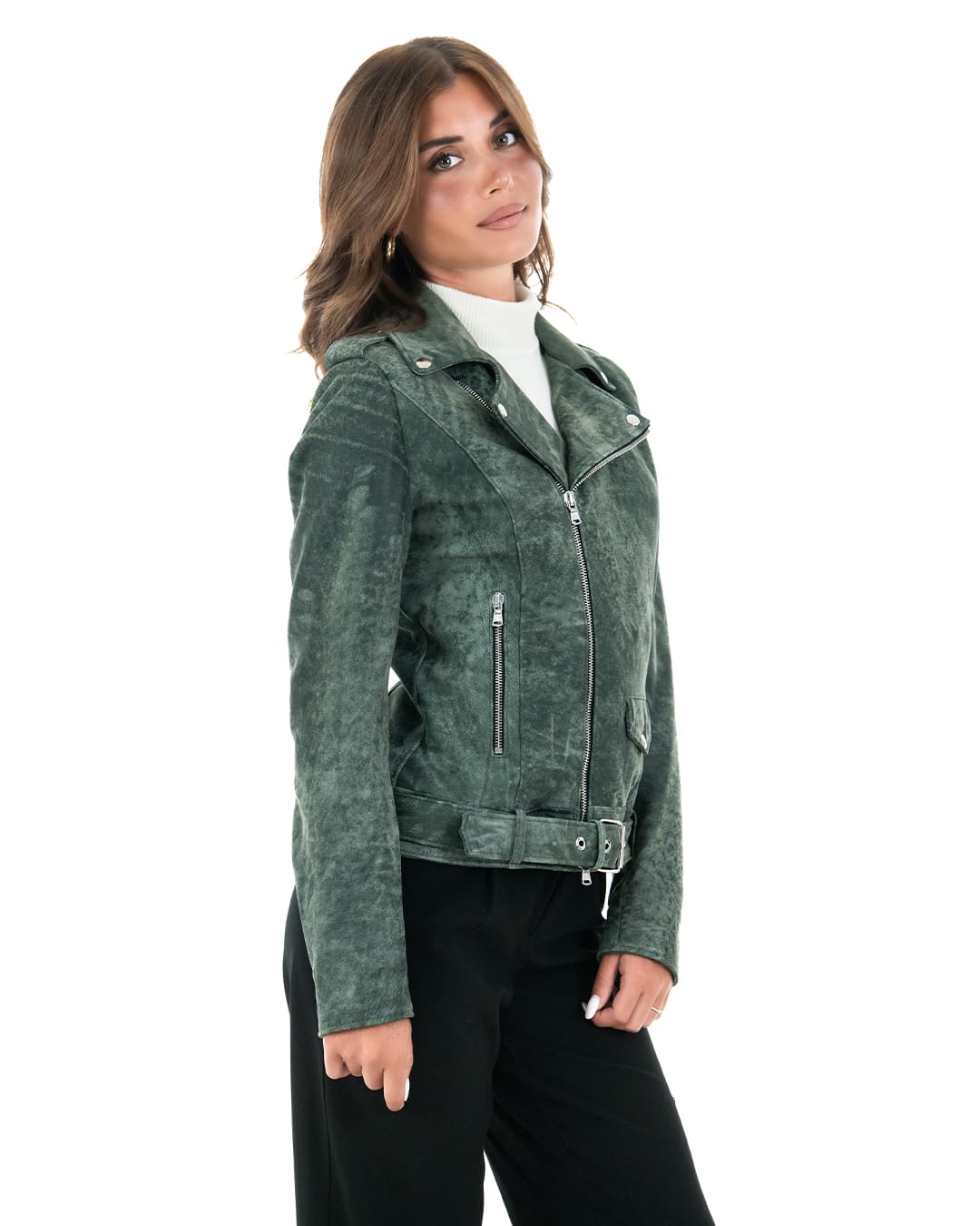 JULIA Giacca Chiodo con cintura da donna in vera pelle verde anticato