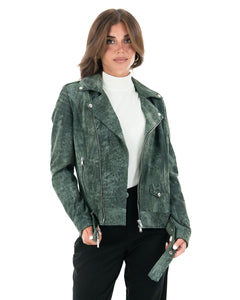 JULIA Giacca Chiodo con cintura da donna in vera pelle verde anticato