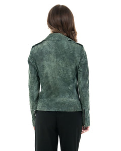 JULIA Giacca Chiodo con cintura da donna in vera pelle verde anticato