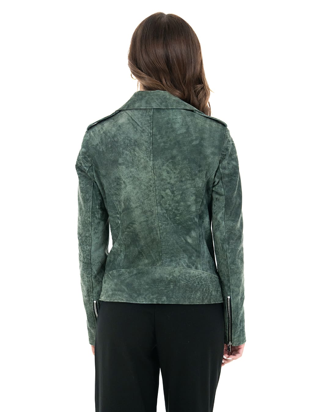 JULIA Giacca Chiodo con cintura da donna in vera pelle verde anticato