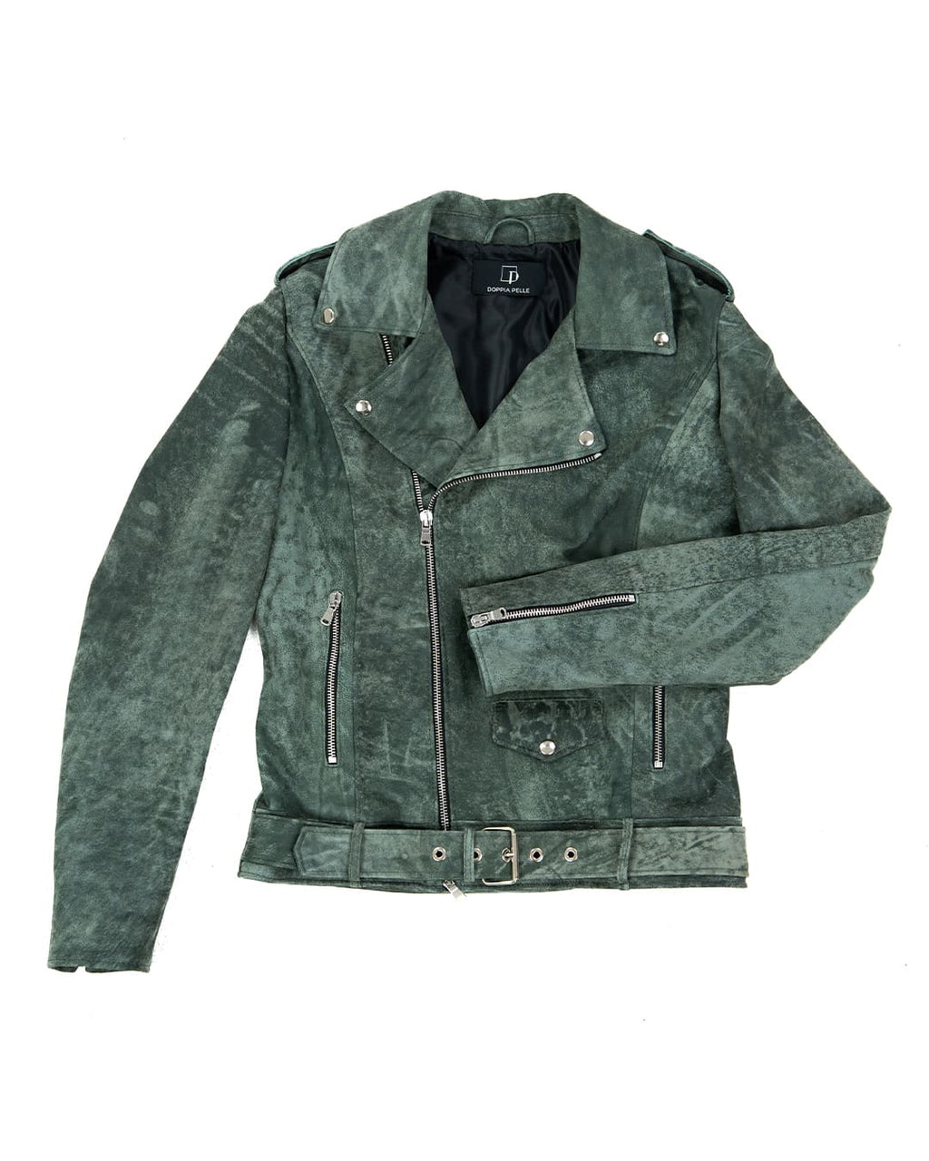 JULIA Giacca Chiodo con cintura da donna in vera pelle verde anticato