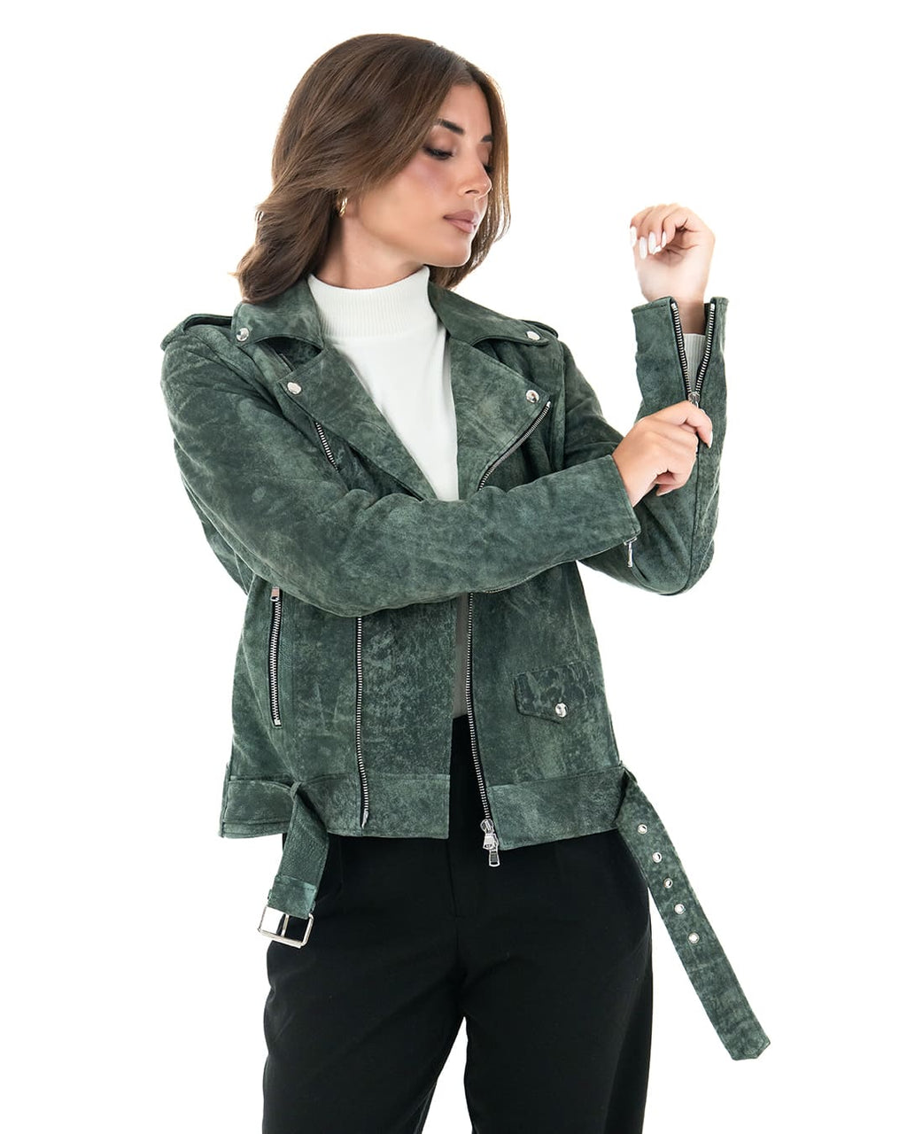 JULIA Giacca Chiodo con cintura da donna in vera pelle verde anticato